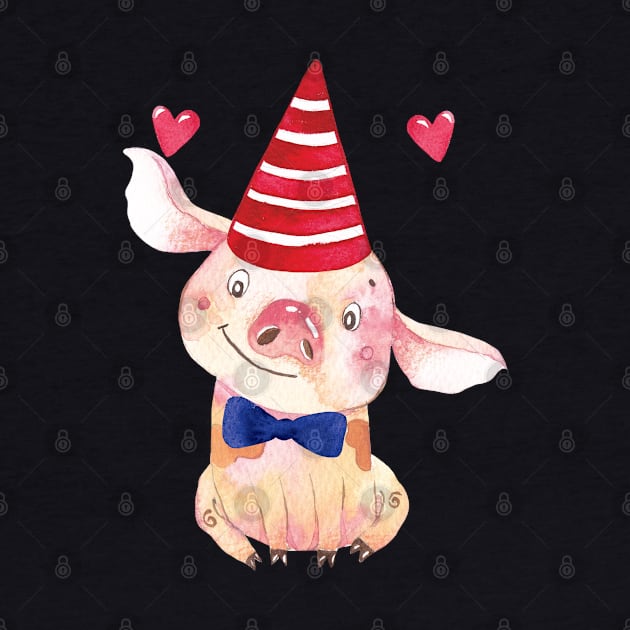 Cute Piglet with a tie bow and a hat by susannefloe